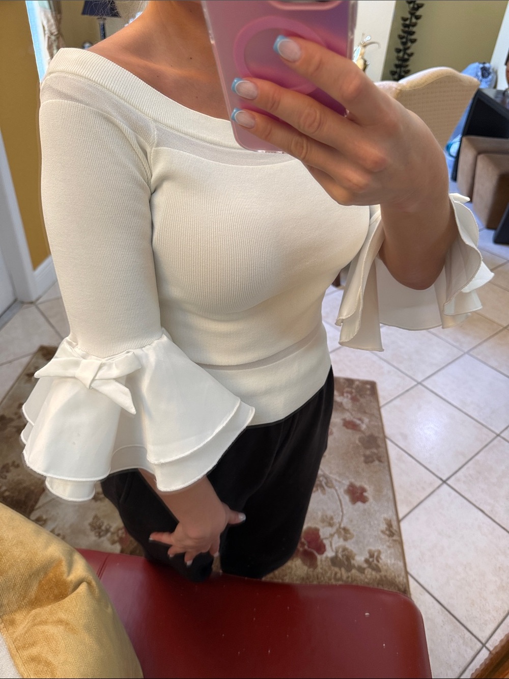 San Joy White Crewneck Top with ruffle bow bell sleeves
